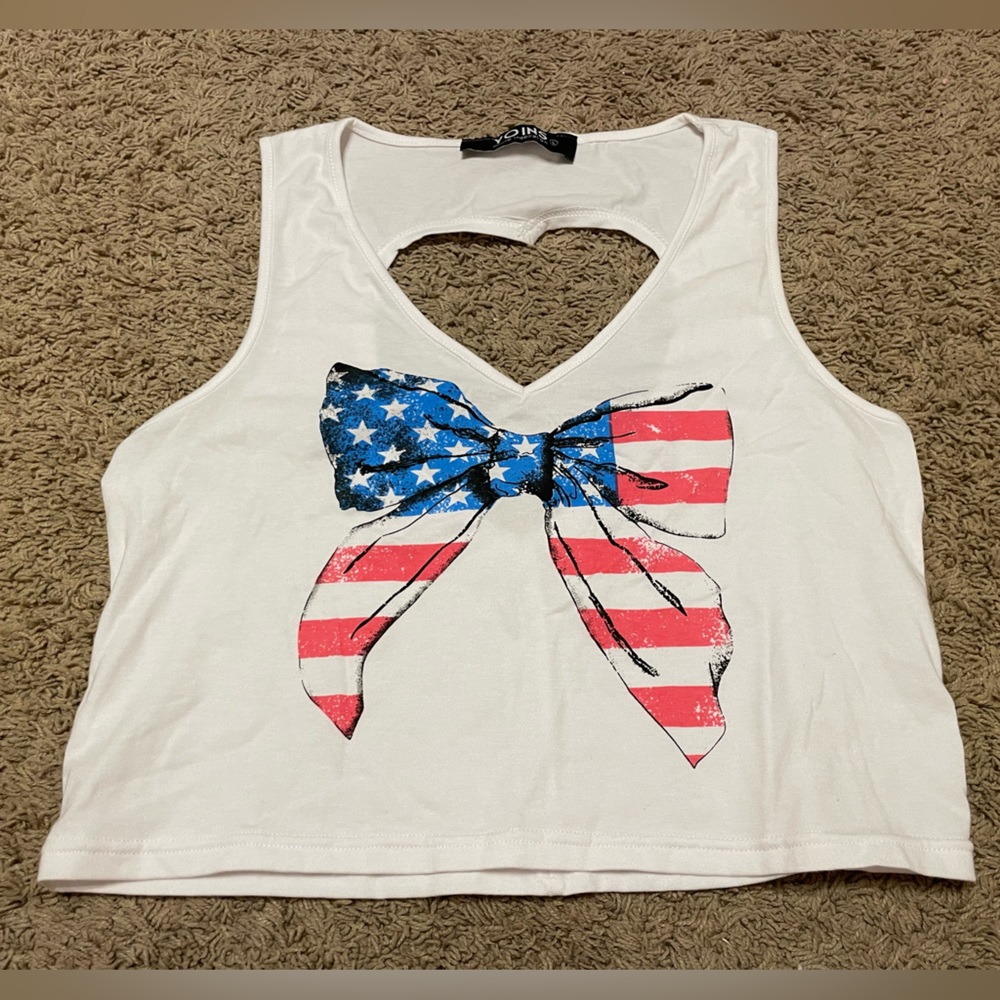 NWOT American Flag Bow - Heart Cut Out Back Crop Top - Size L
